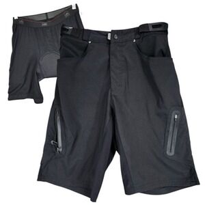 Zoic Ether Bike Shorts + Liner sz M Men Black Adjustable Waist Padded UPF 50 12"